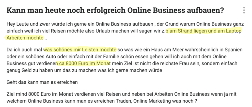 Screenshot falsche Marketing-Ziele