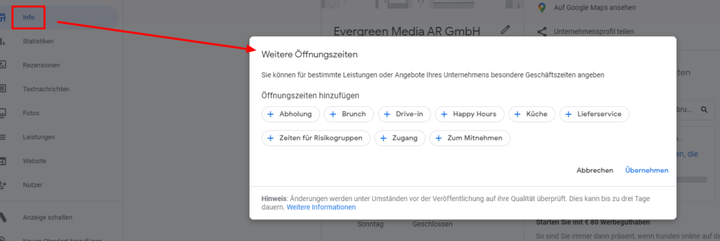 weitere Öffnungszeiten bei Google My Business