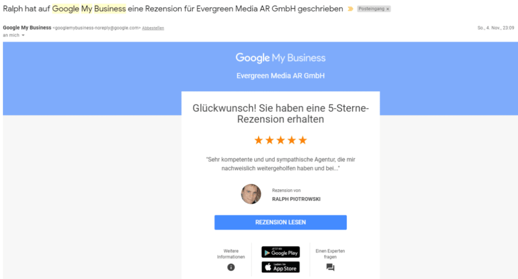 Benachrichtigung über Google-Bewertung